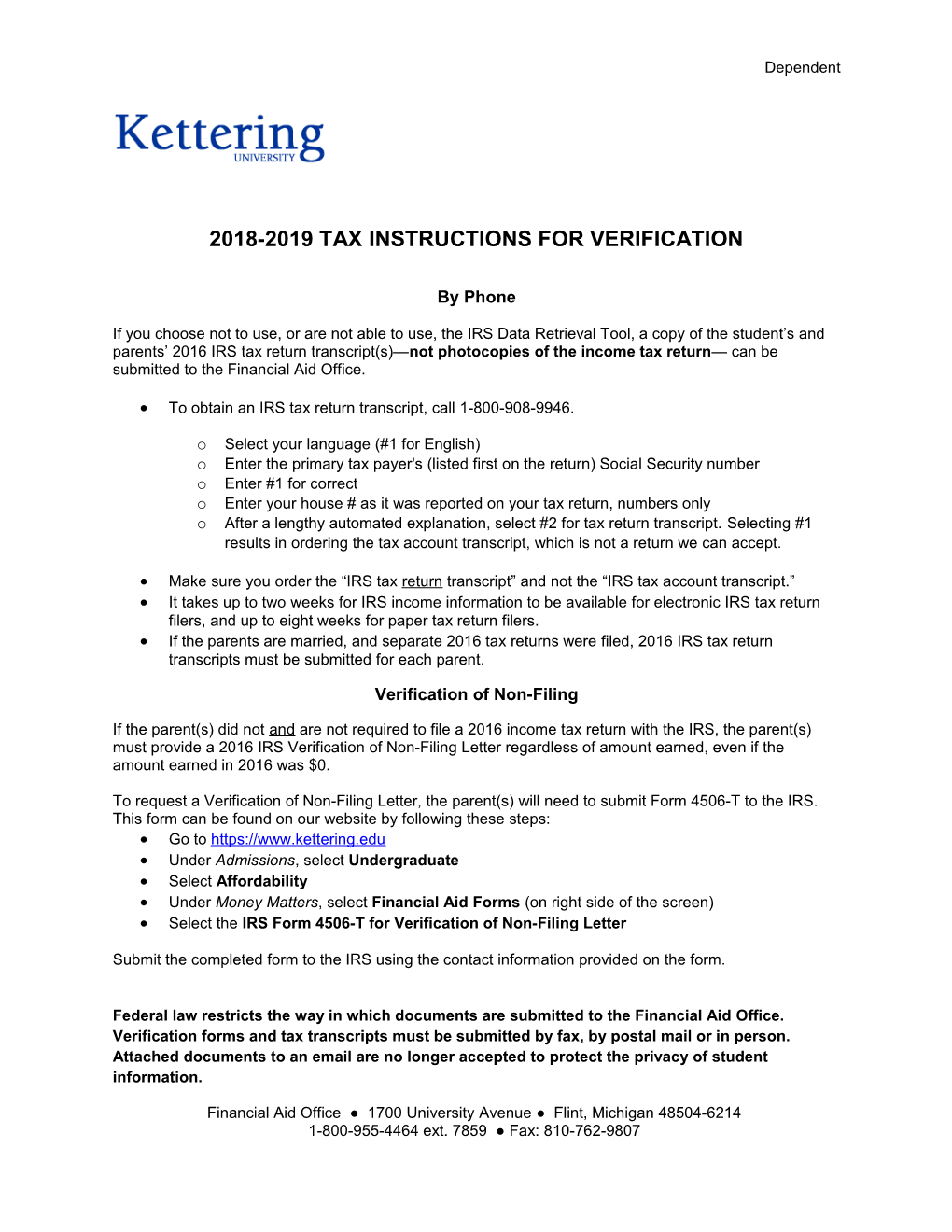 2018-2019 Tax Instructions for Verification