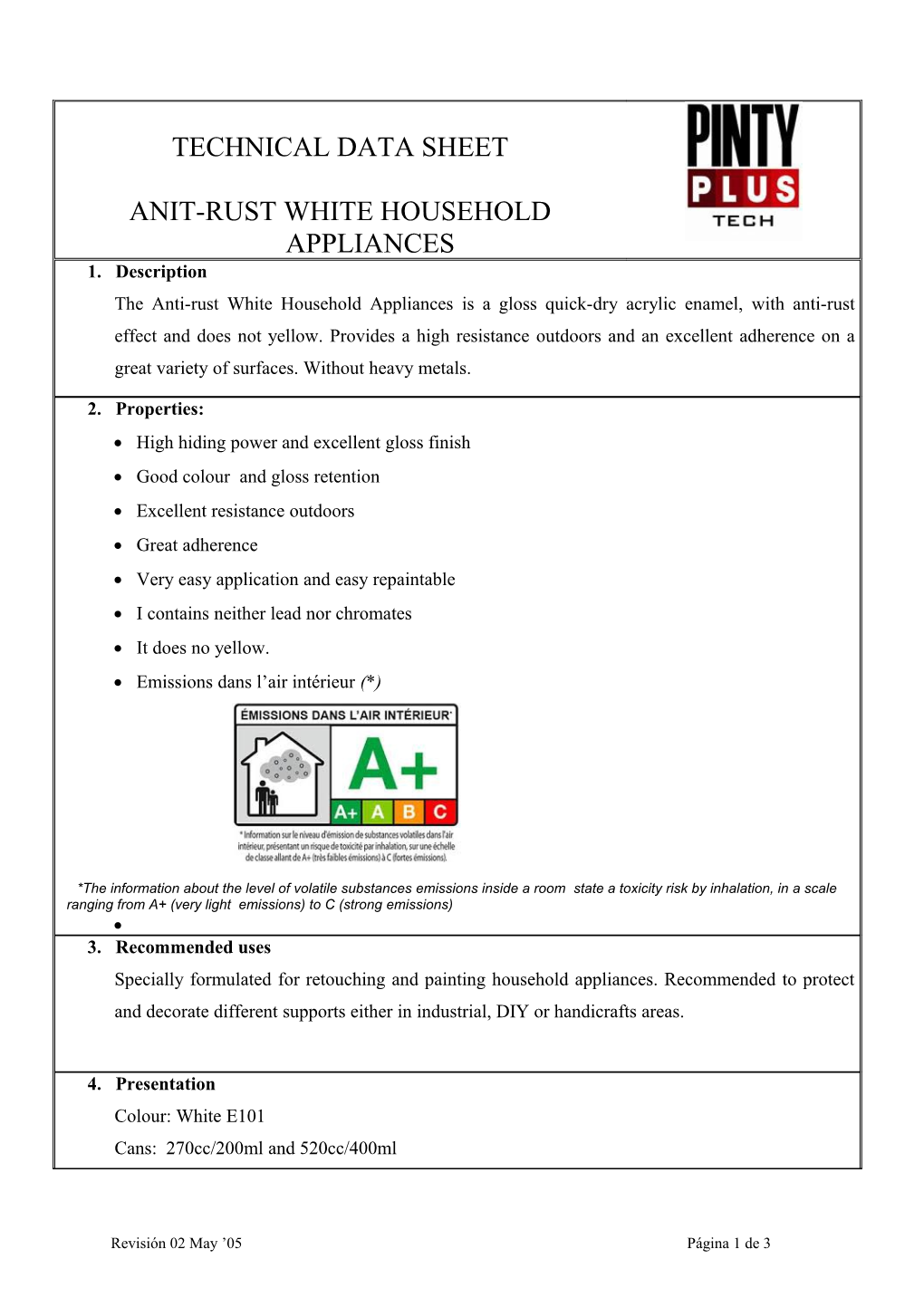 Technical Data Sheet Anit-Rust White Household Appliances