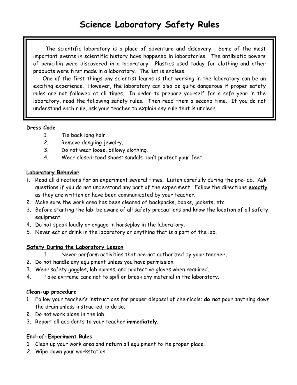 Sixth Grade Science Laboratory Safety Rules s2