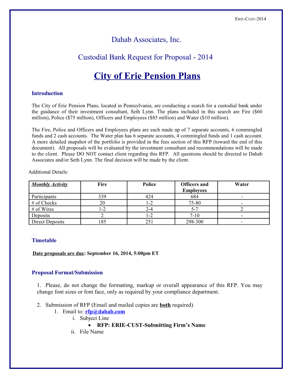Custodial Bank Request for Proposal - 2014