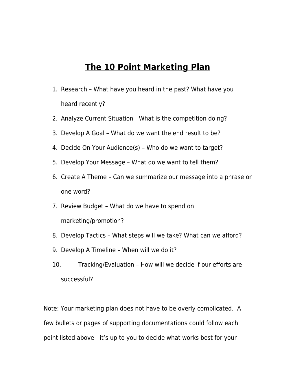 The 10 Point Marketing Plan
