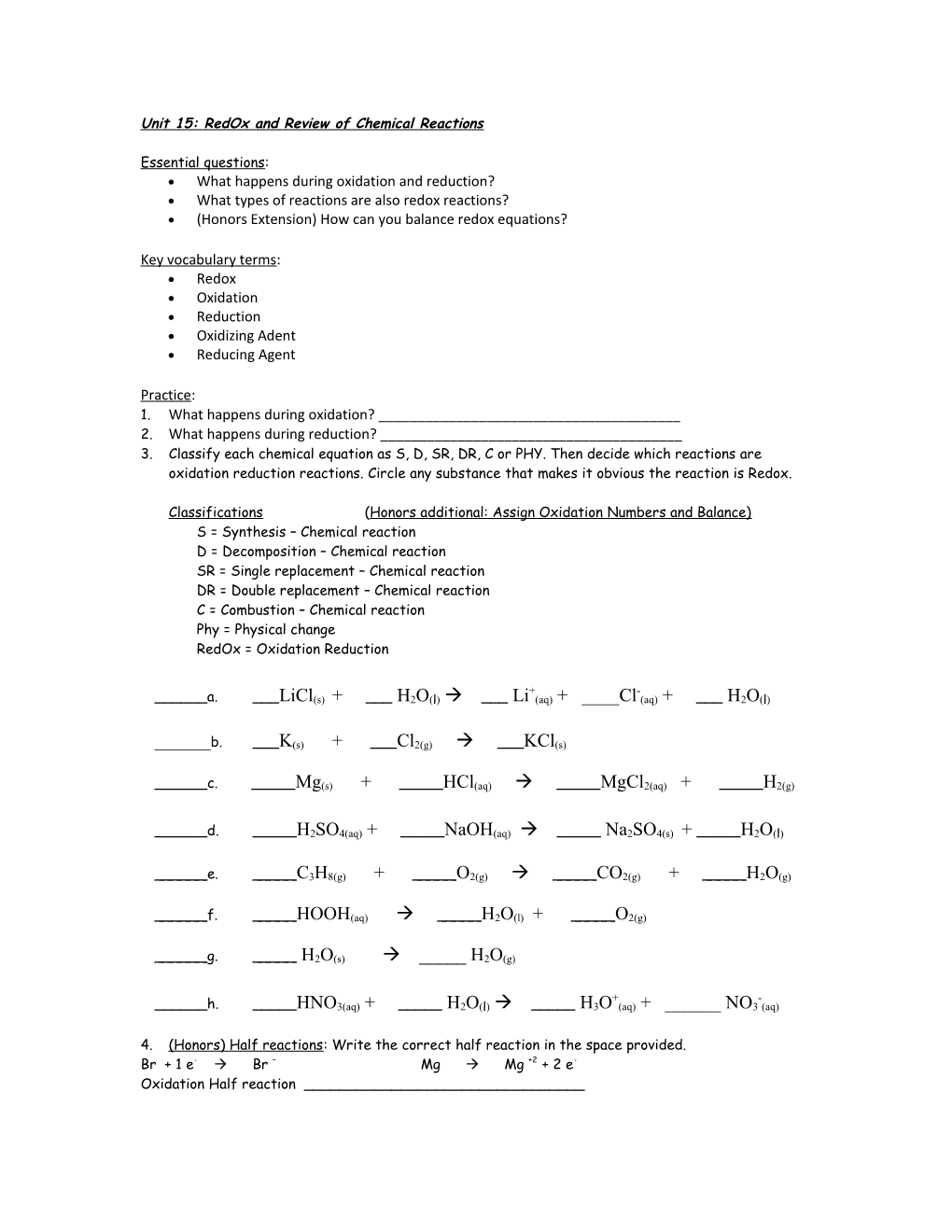 Unit 16: Reaction Rates and Review of Chemical Reactions