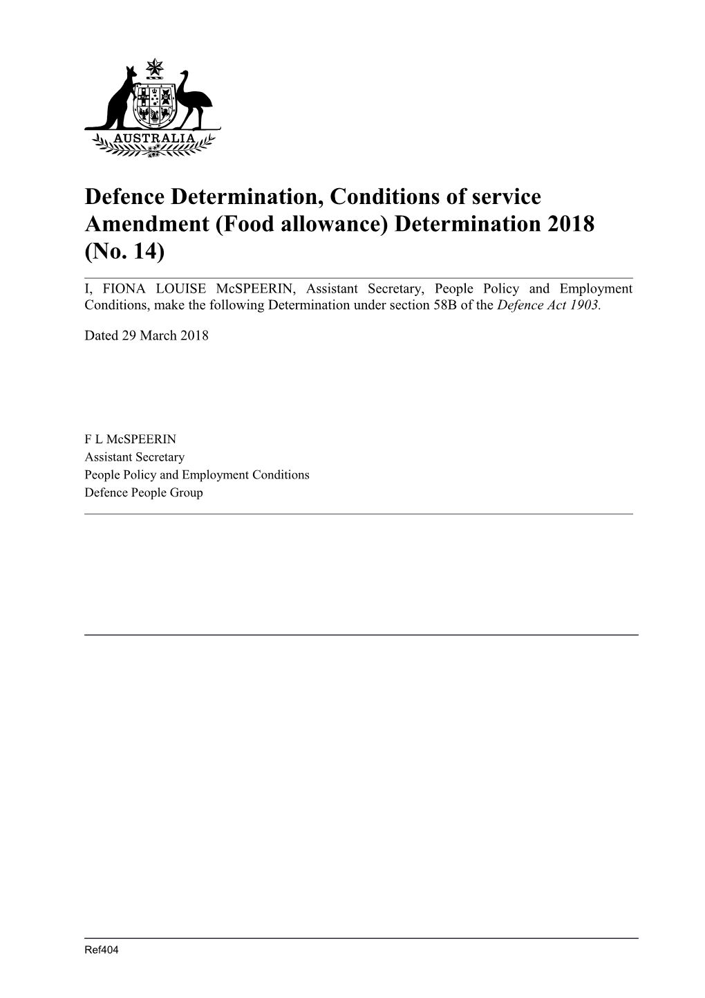 Defence Determination, Conditions of Service Amendment (Food Allowance) Determination