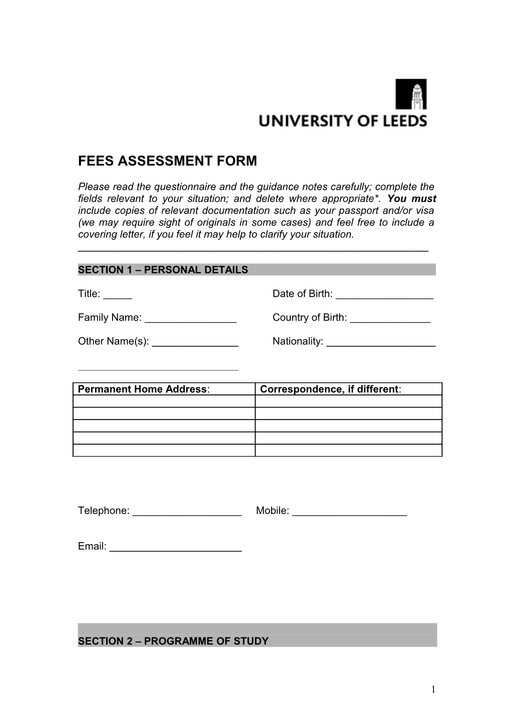 Fees Assessment Form