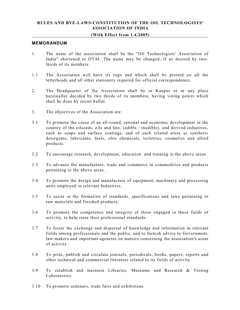 Rules and Bye-Laws/Constitution of the Oil Technologists' Association of India