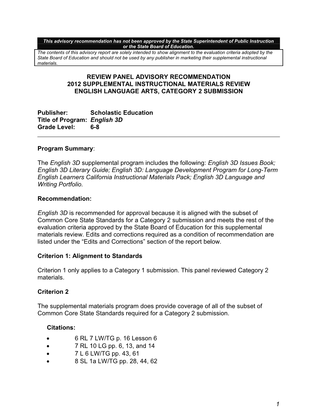 Panel Report of the English 3D - SIMR (CA Dept of Education)