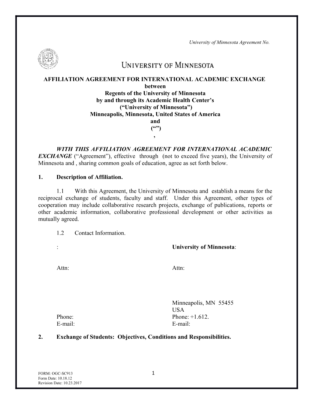 Affiliation Agreement for International Academic Exchange