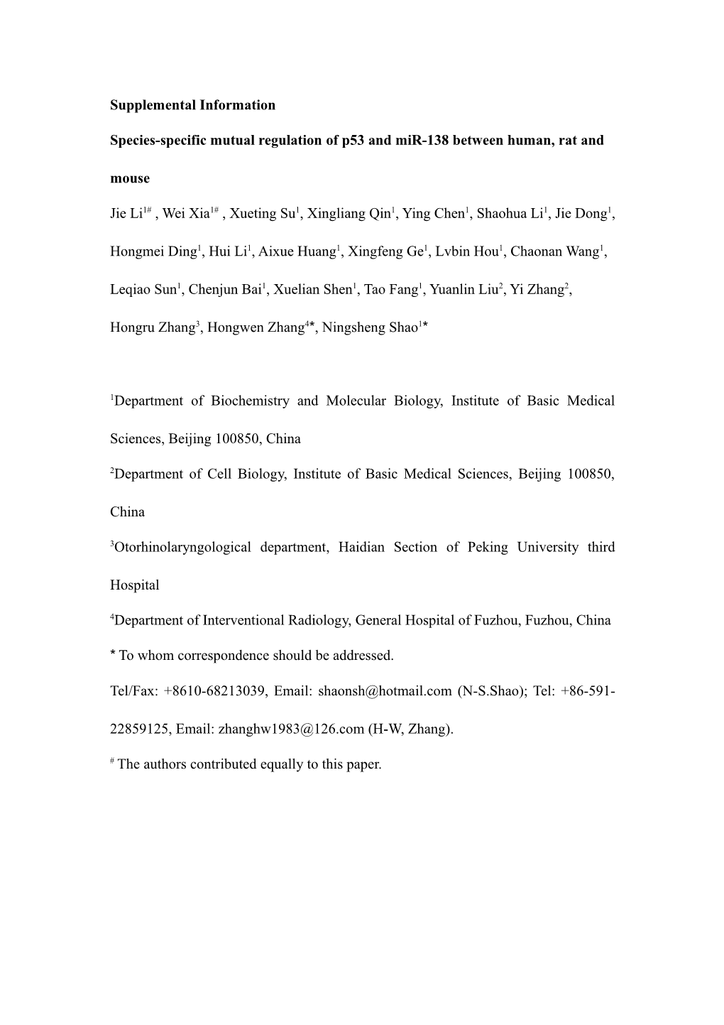 Species-Specific Mutual Regulation of P53 and Mir-138 Between Human, Rat and Mouse