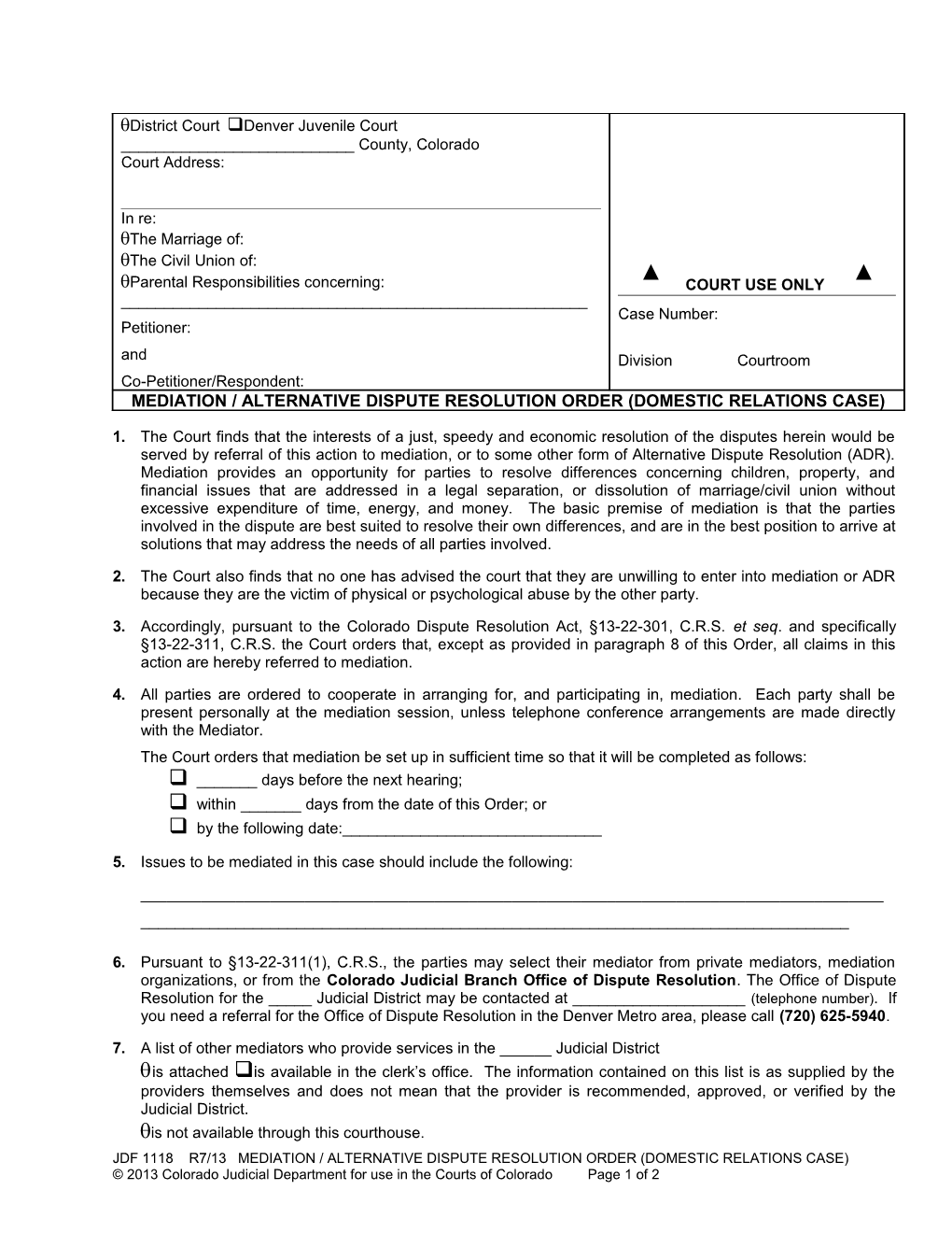 Mediation / Alternative Dispute Resolution Order (Domestic Relations Case)