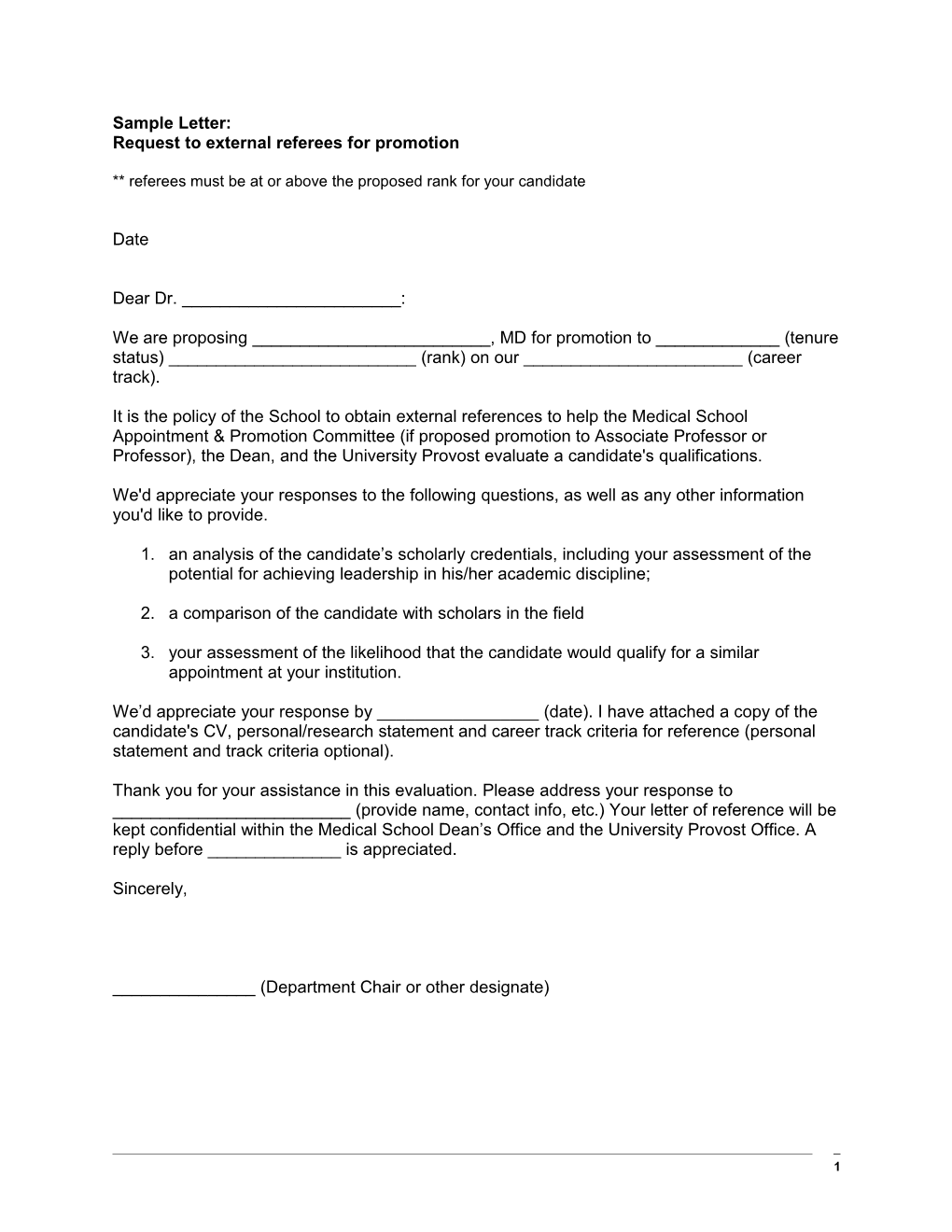 Sample Letter: Request to External Referees for Promotion
