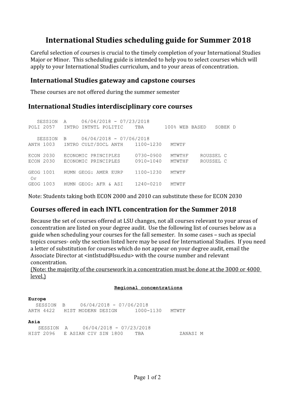 International Studies Scheduling Guide for Summer 2018