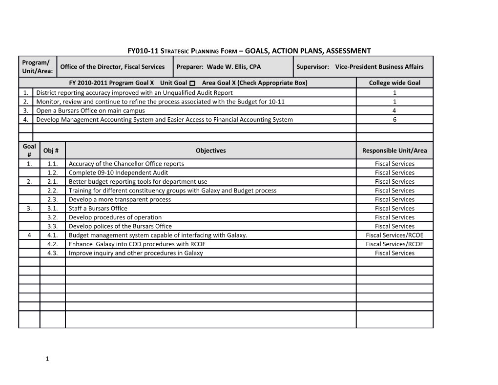 Fy09-10 Strategic Planning Form Goals, Action Plans, Assessment