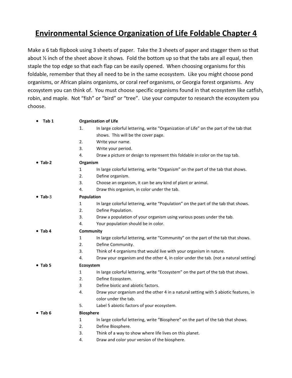 Environmental Science Organization of Life Foldable Chapter 4