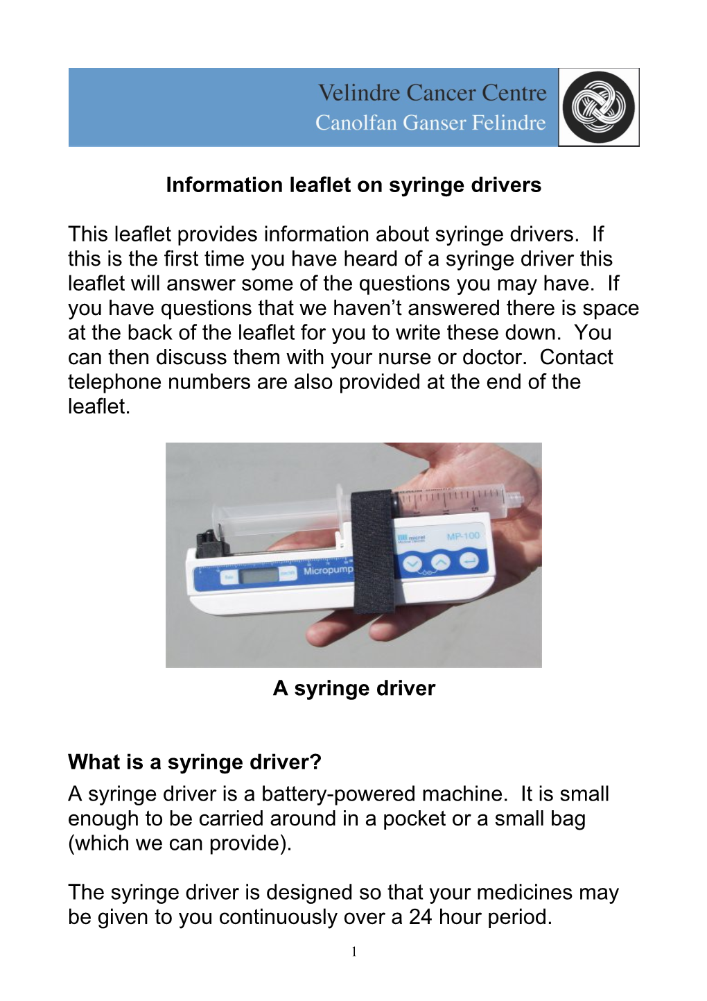 Information Ieaflet on Syringe Drivers