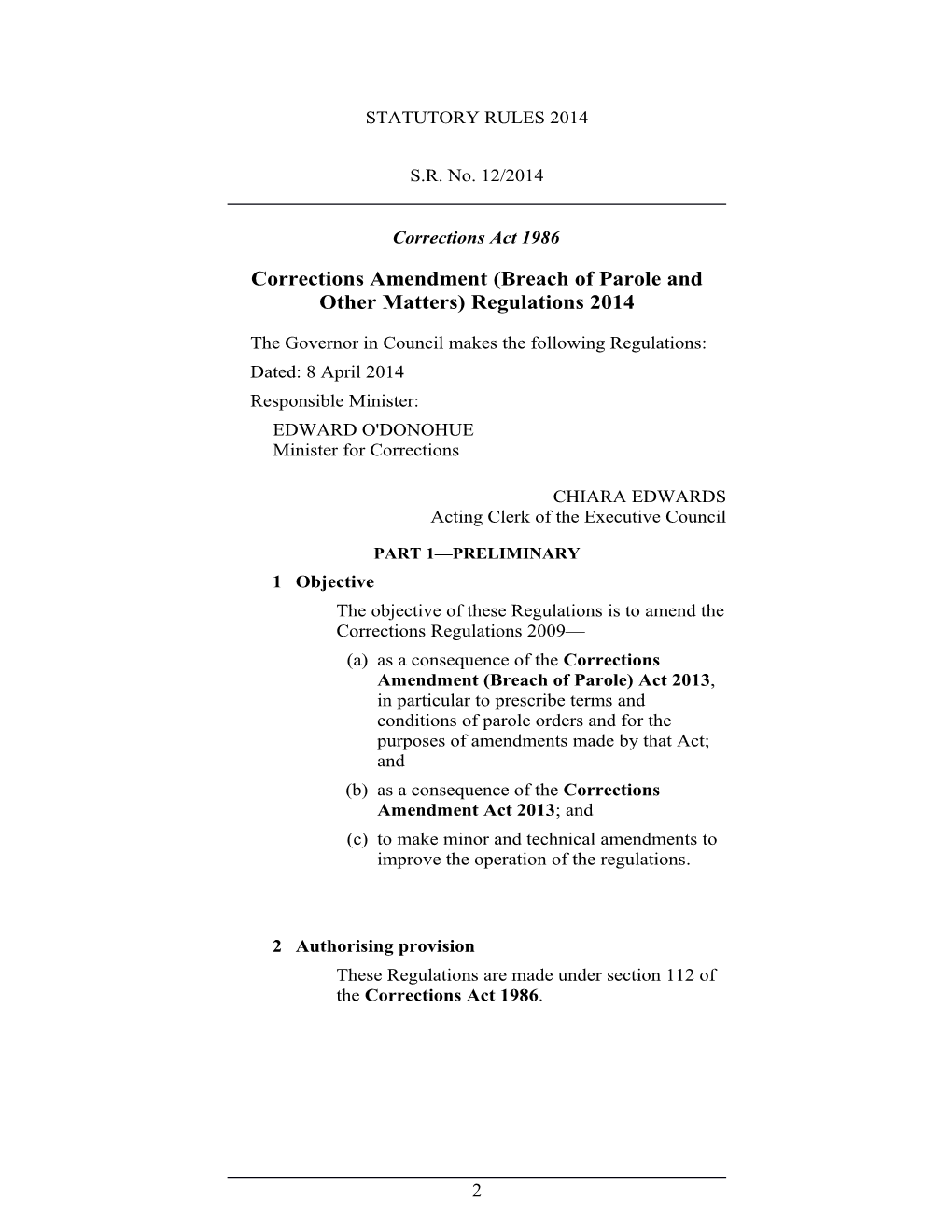Corrections Amendment (Breach of Parole and Other Matters) Regulations 2014