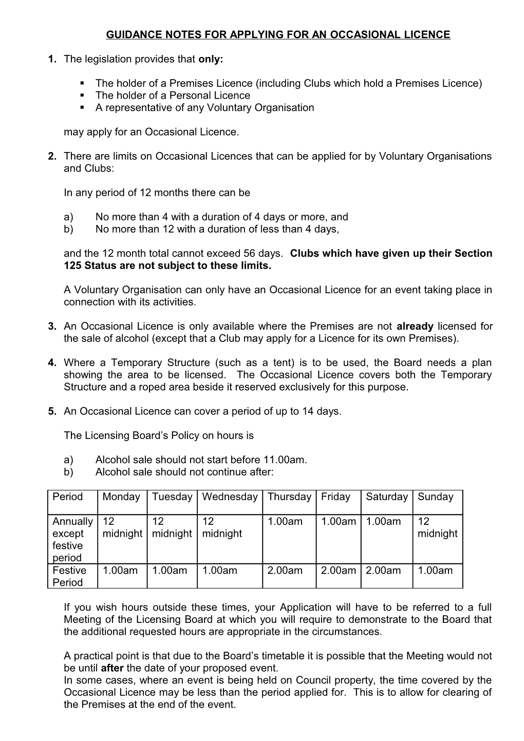 Guidance Notes for Applying for an Occasional Licence