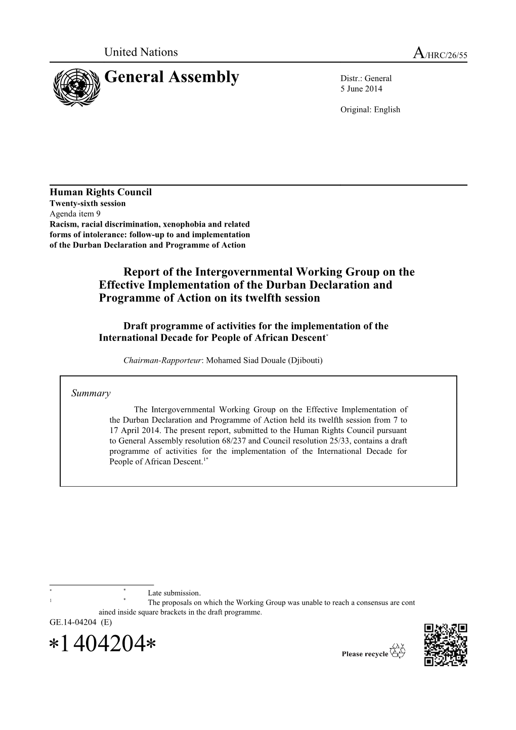 Report of the Intergovernmental Working Group on the Effective Implementation of the Durban