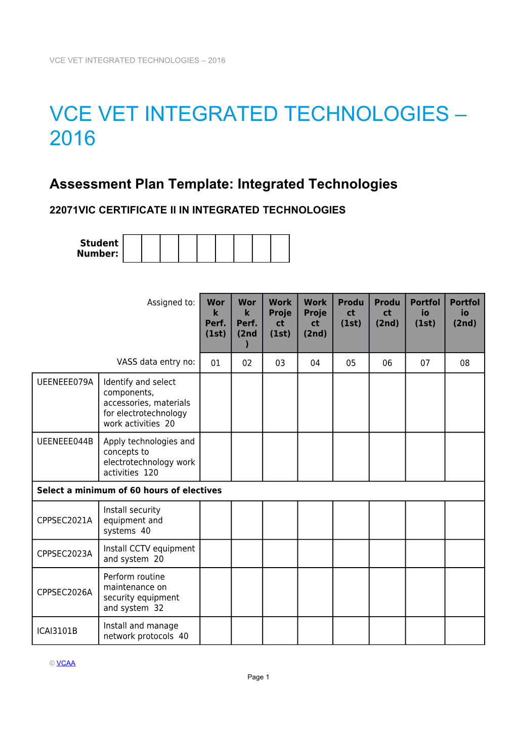VCE VET Integrated Technologies Assessment Plan Template and Sample