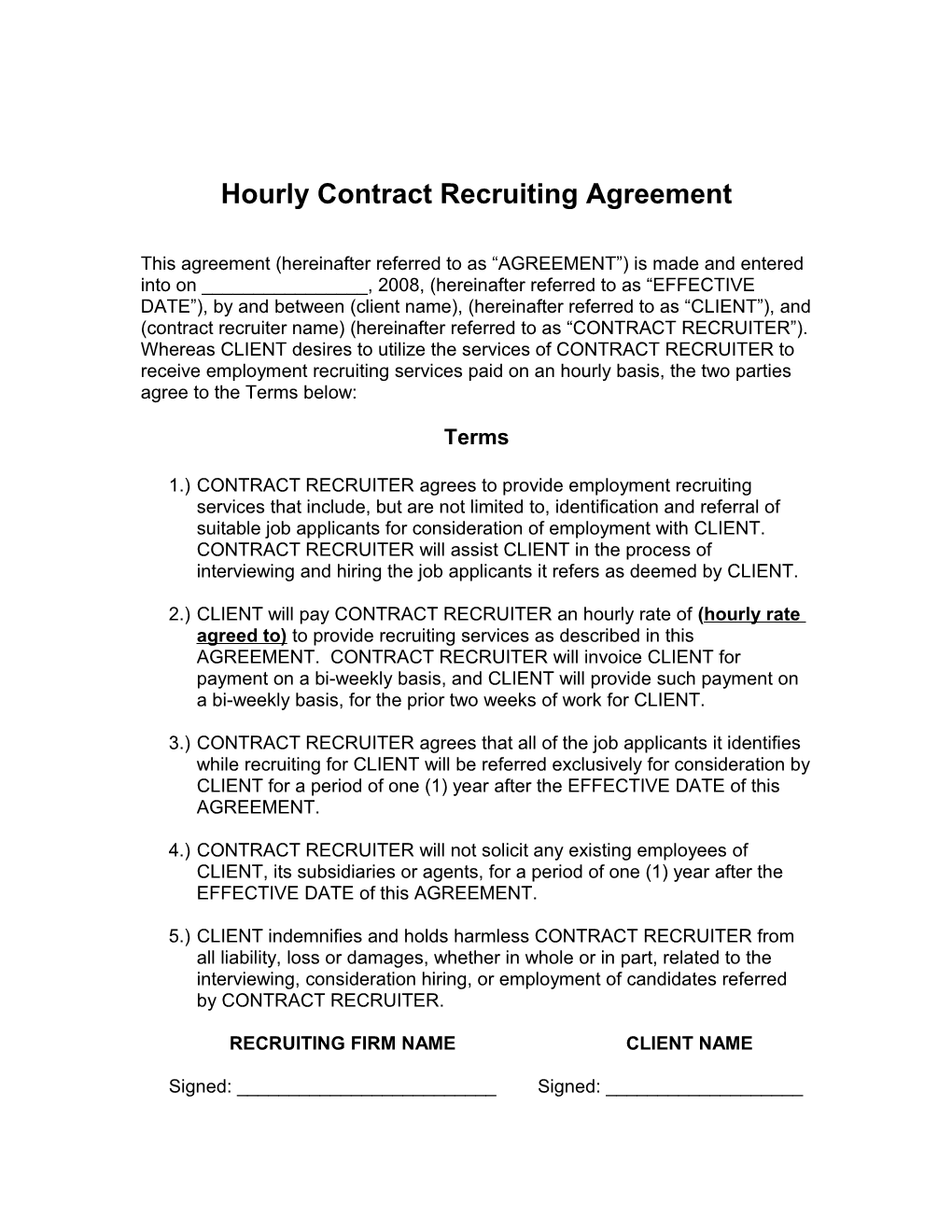Hourly Contract Recruiting Agreement