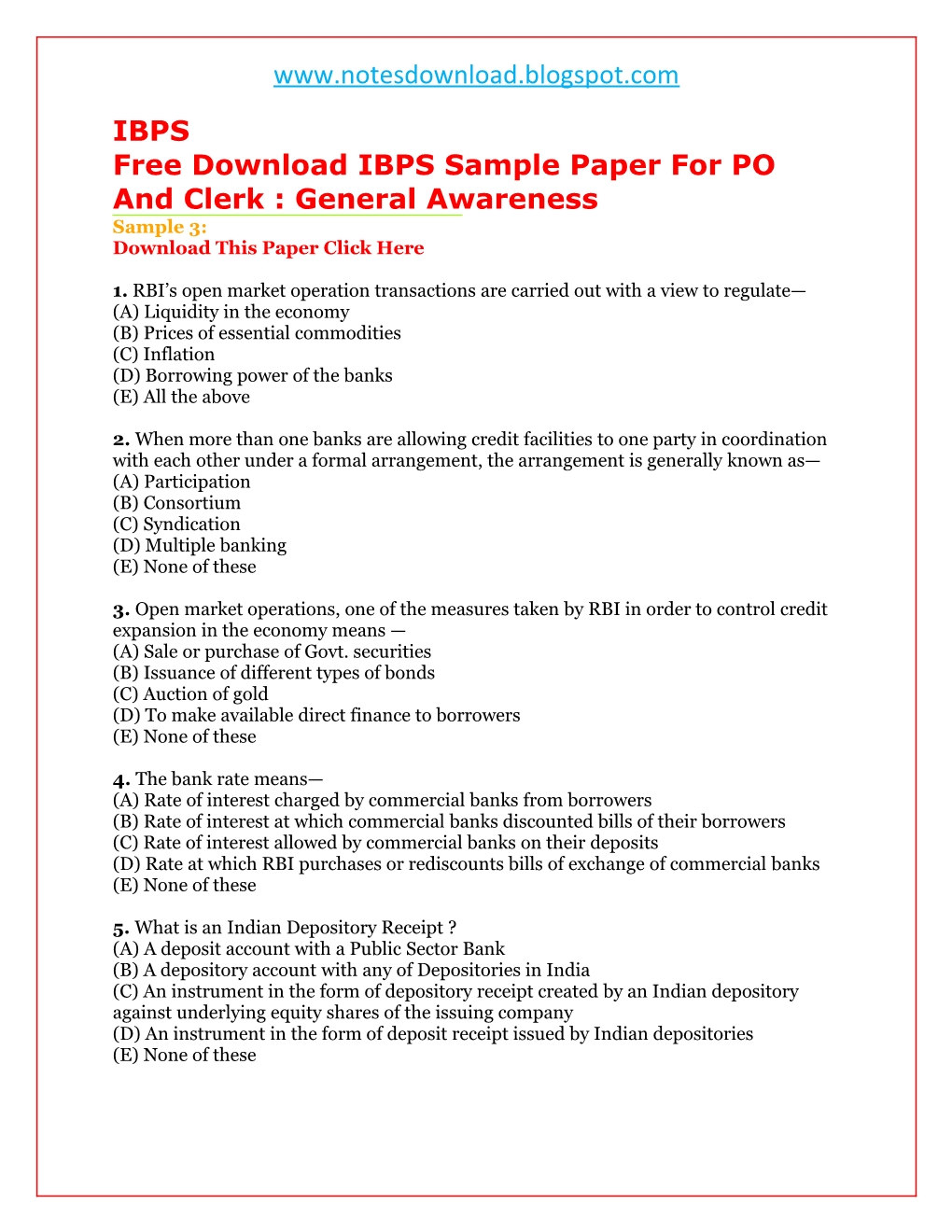 Free Download IBPS Sample Paper for PO and Clerk : General Awareness