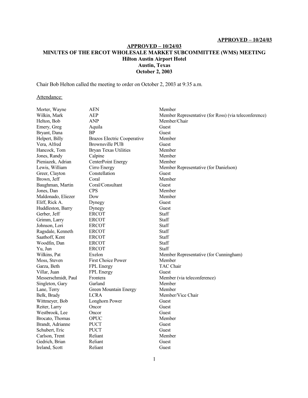 Minutes of the Ercot Wholesale Market Subcommittee (Wms) Meeting