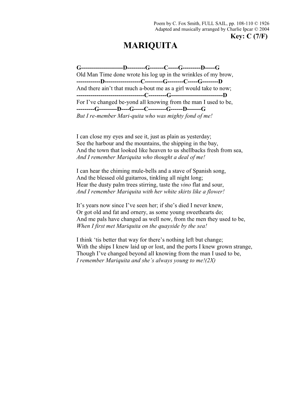 Poem by C. Fox Smith, FULL SAIL, Pp. 108-110 1926