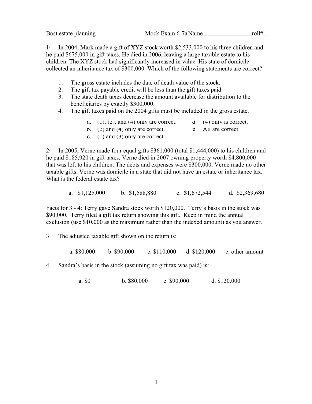 Bost Estate Planning Mock Exam 6-7A Name Roll