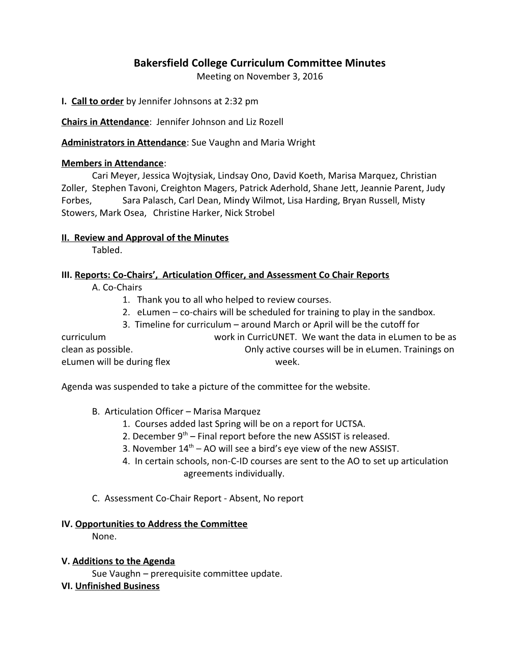 Bakersfield College Curriculum Committee Minutes