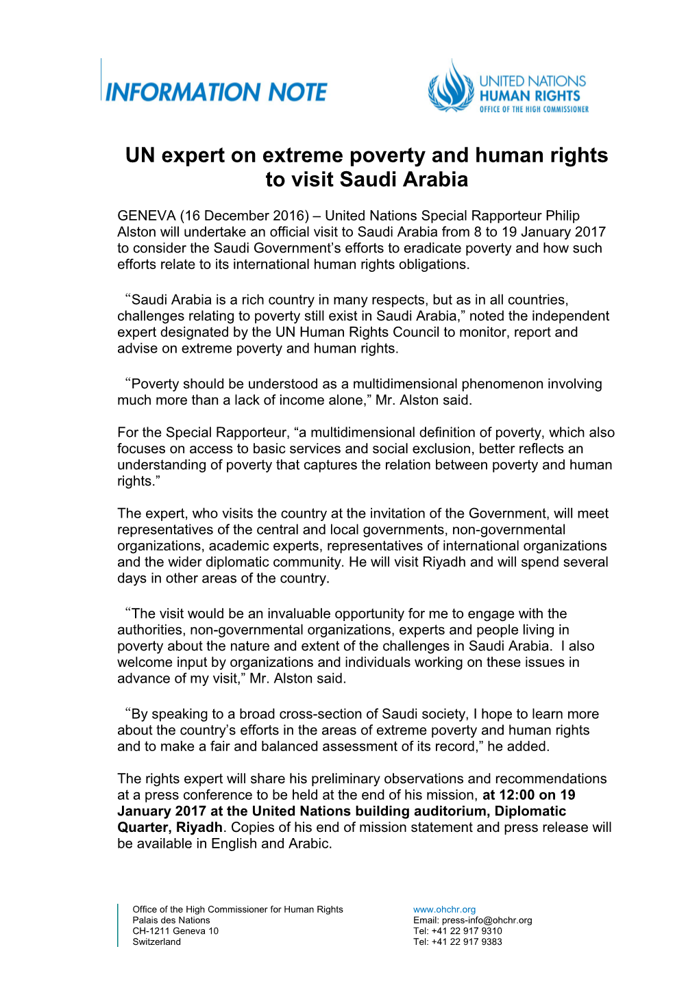 UN Expert on Extreme Poverty and Human Rights to Visit Saudi Arabia