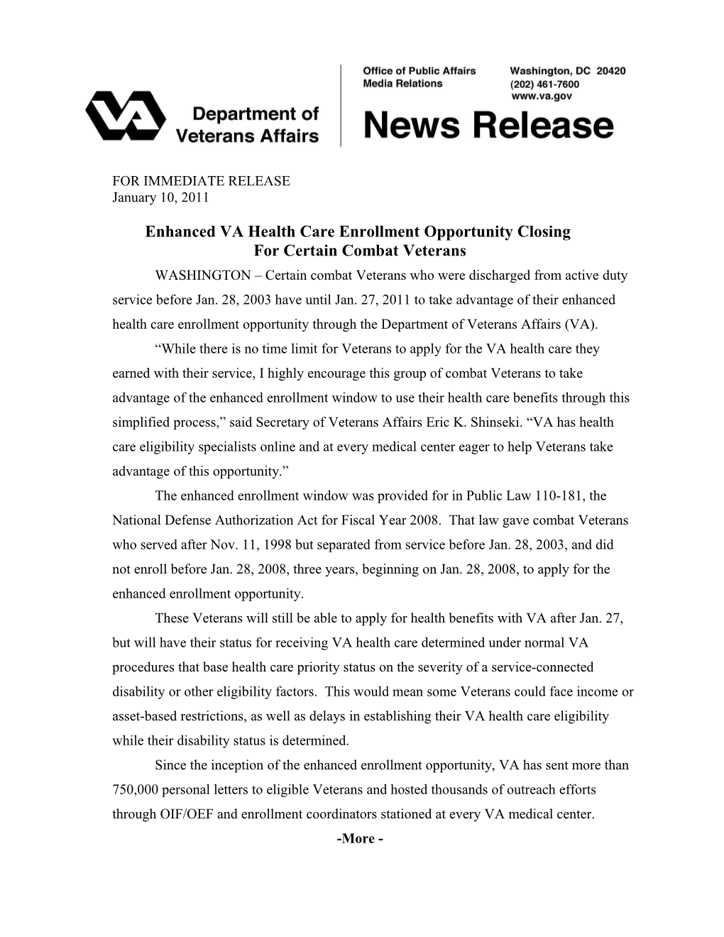 Enhanced Enrollment Ending News Release December 2010