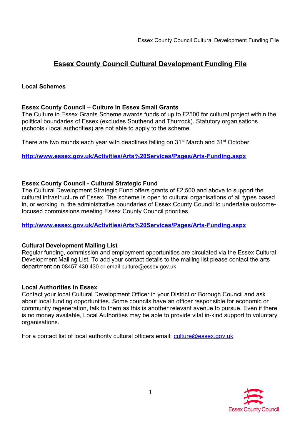 Essex County Council Cultural Development Funding File