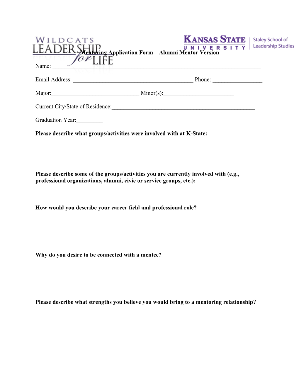 Mentoring Application Form Alumni Mentor Version