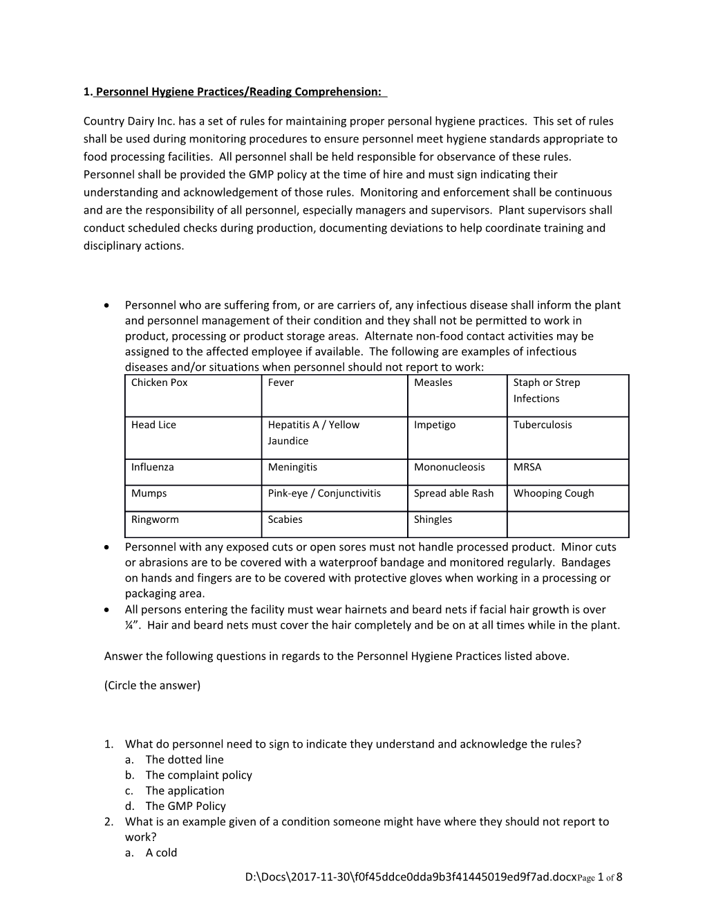 1. Personnel Hygiene Practices/Reading Comprehension