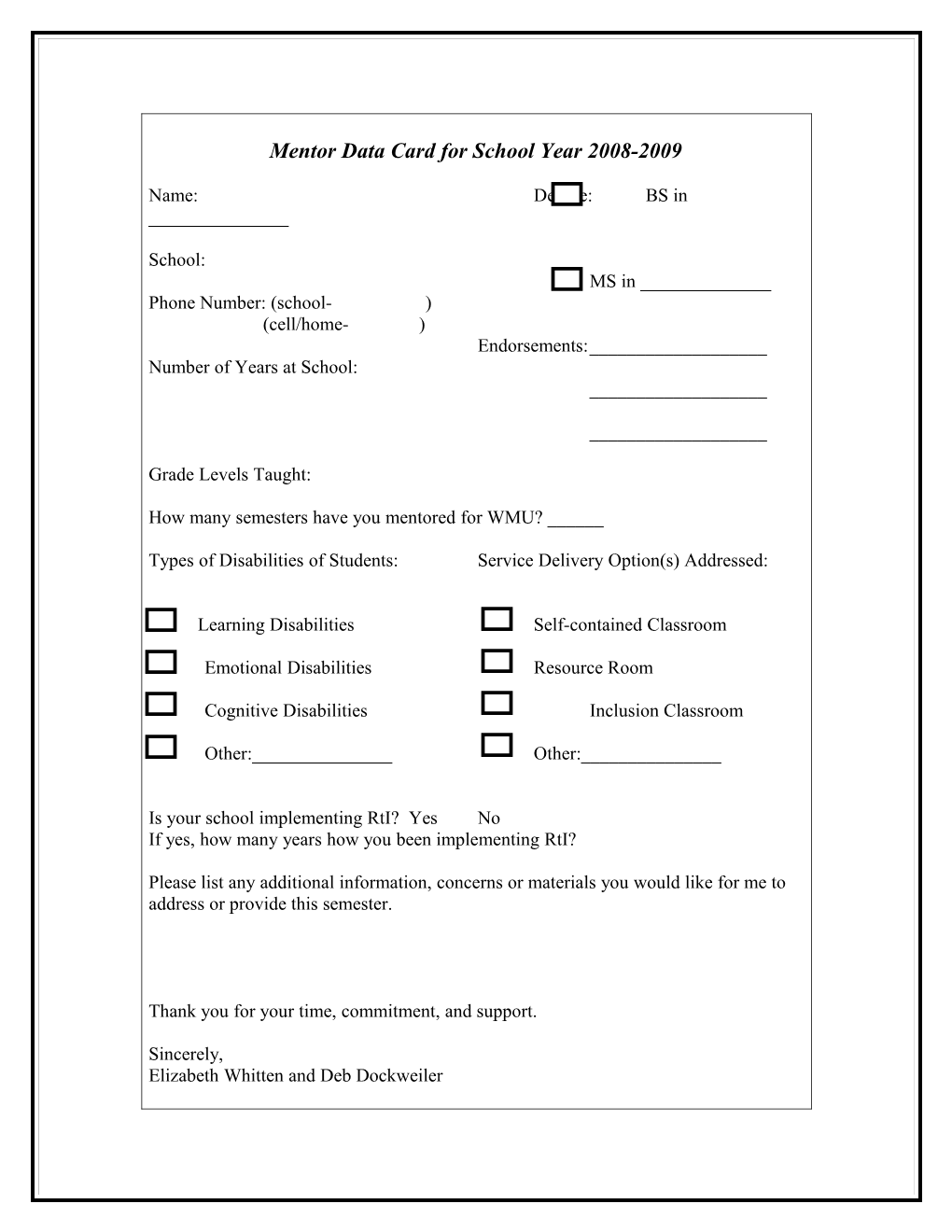 Mentor Data Card for School Year 2006-2007