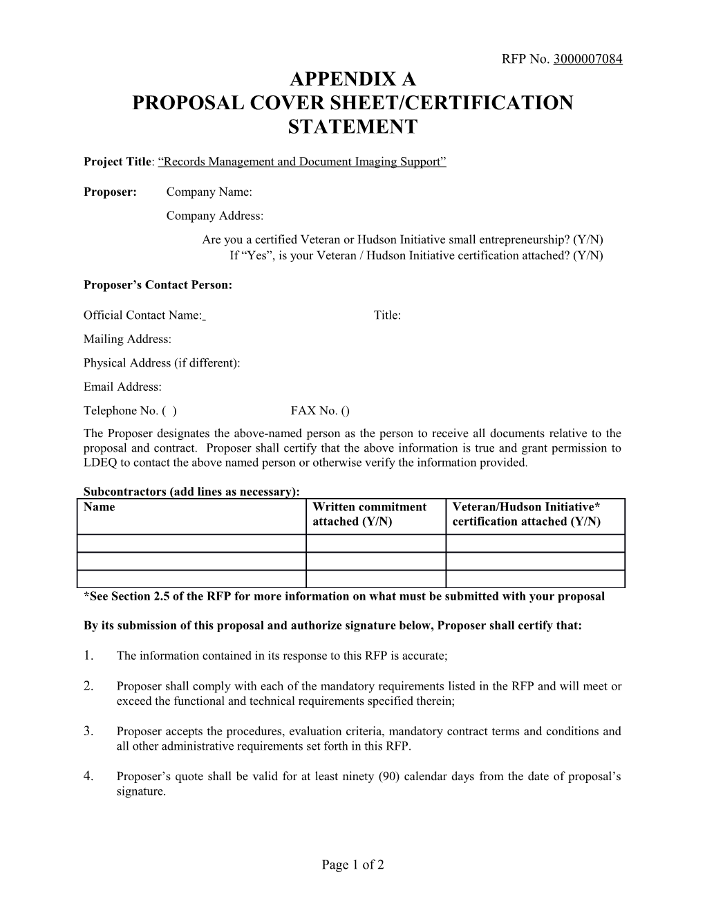 Proposal Cover Sheet/Certification Statement