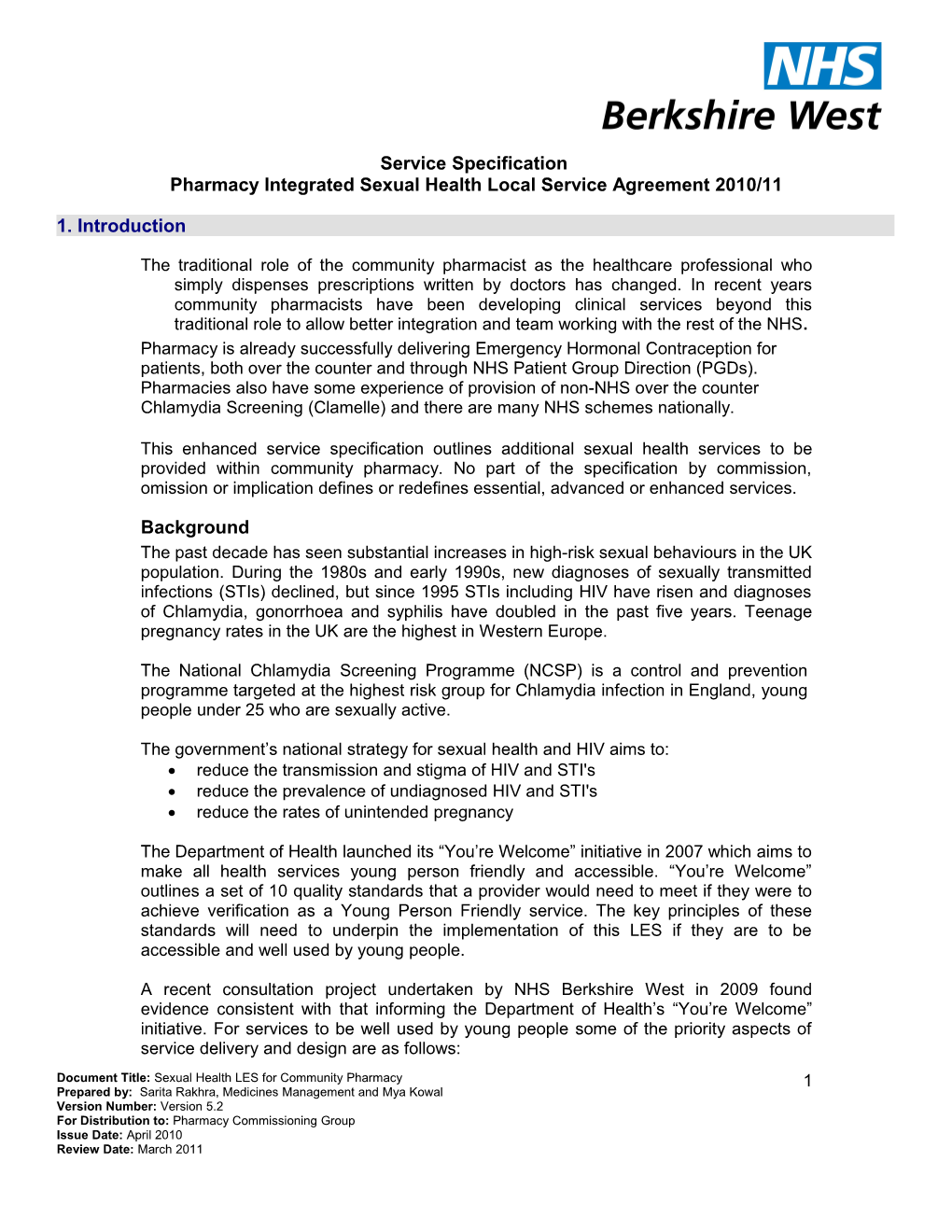 Pharmacy Integrated Sexual Health Local Service Agreement 2010/11