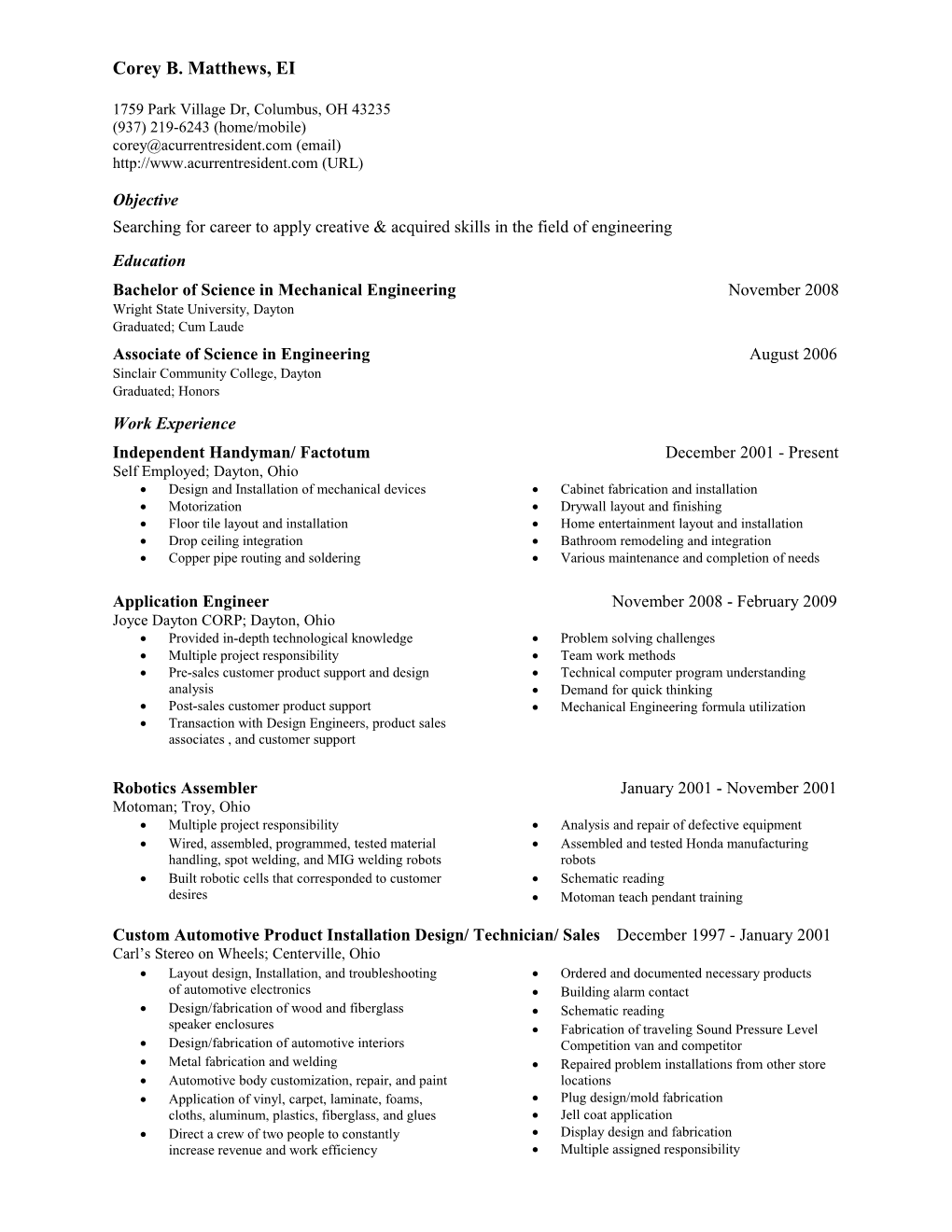 Corey Matthews Mechanical Engineer Resume