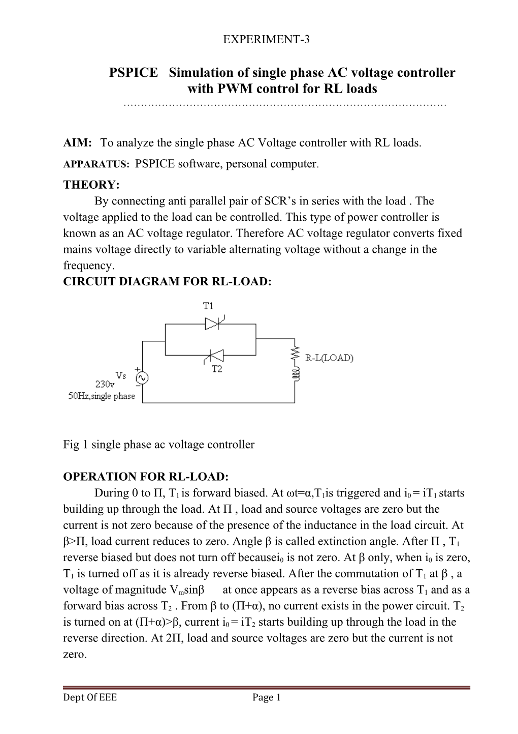 PSPICE Simulation of Single Phase AC Voltage Controller with PWM Controlfor RL Loads