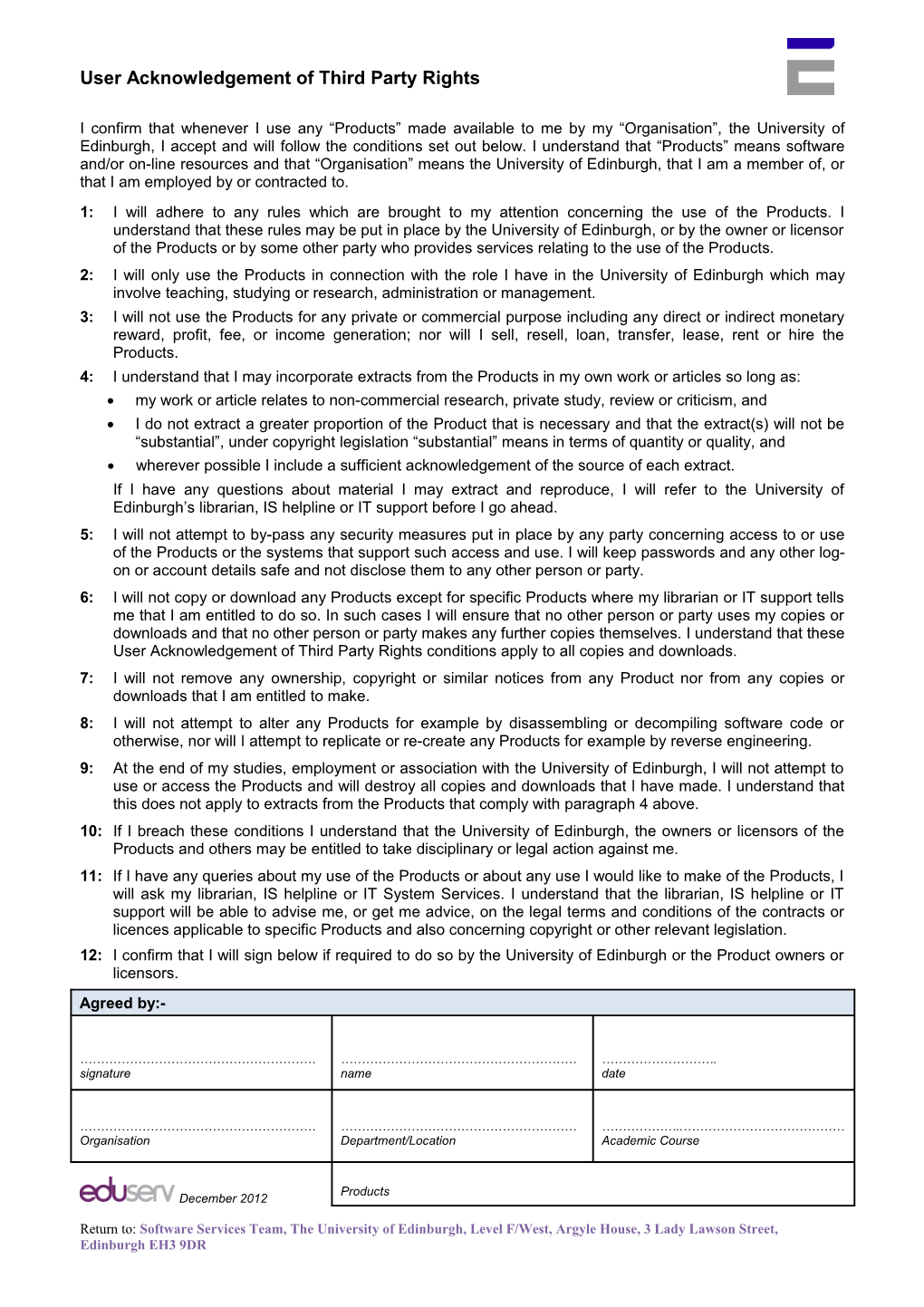 User Acknowledgement of Third Party Rights