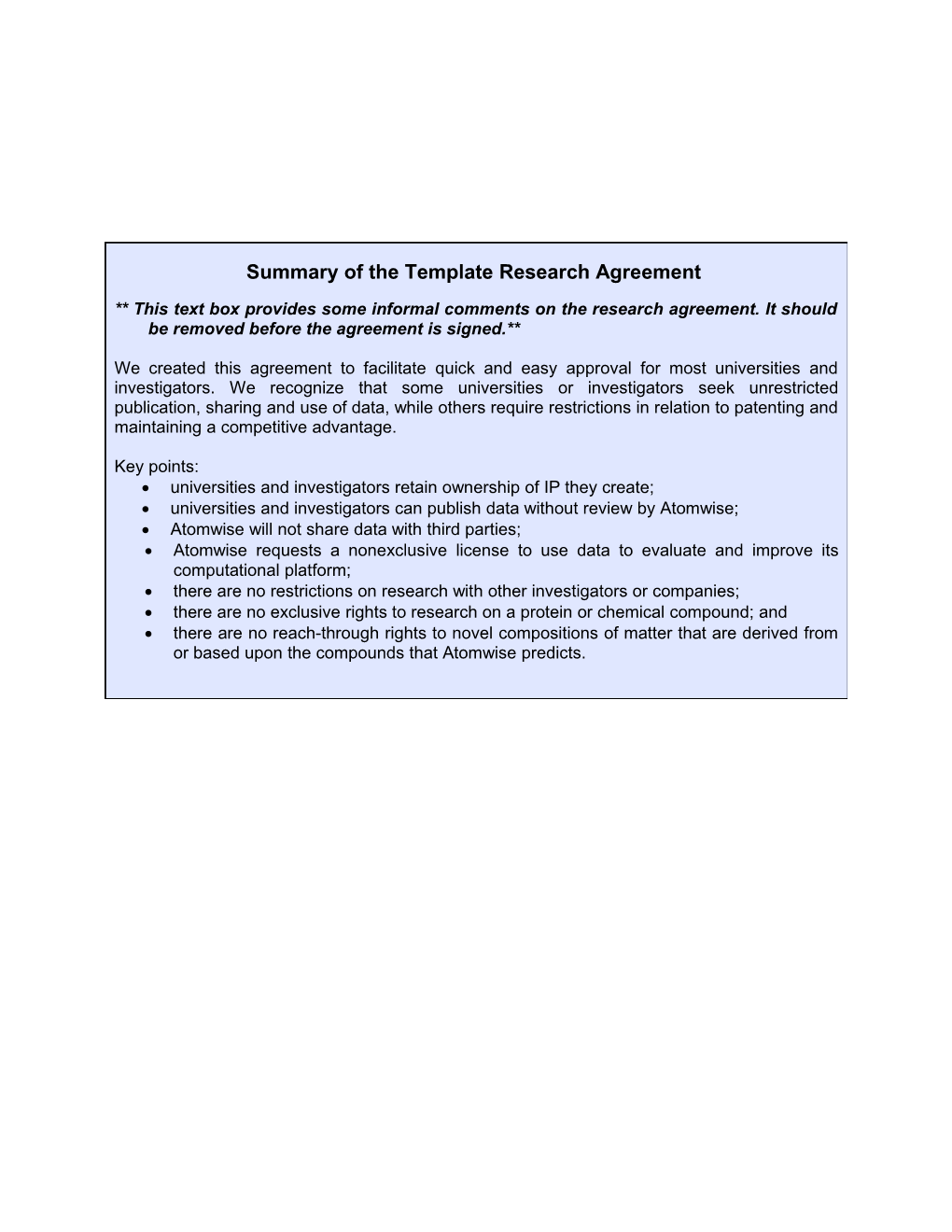 Summary of the Template Research Agreement