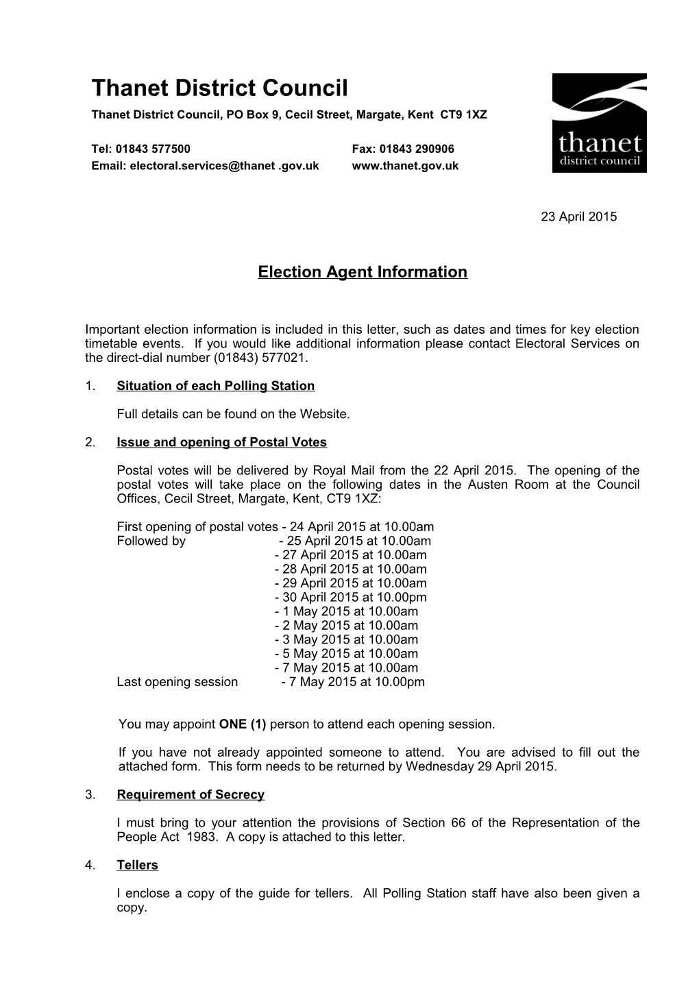 Election Agent Information Letter and Candidate(S) Forms