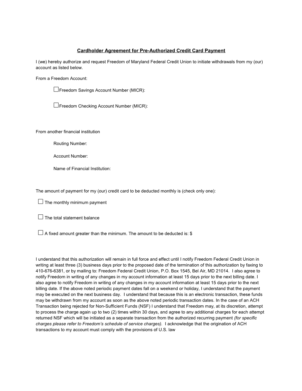 Cardholder Agreement for Pre-Authorized Credit Card Payment