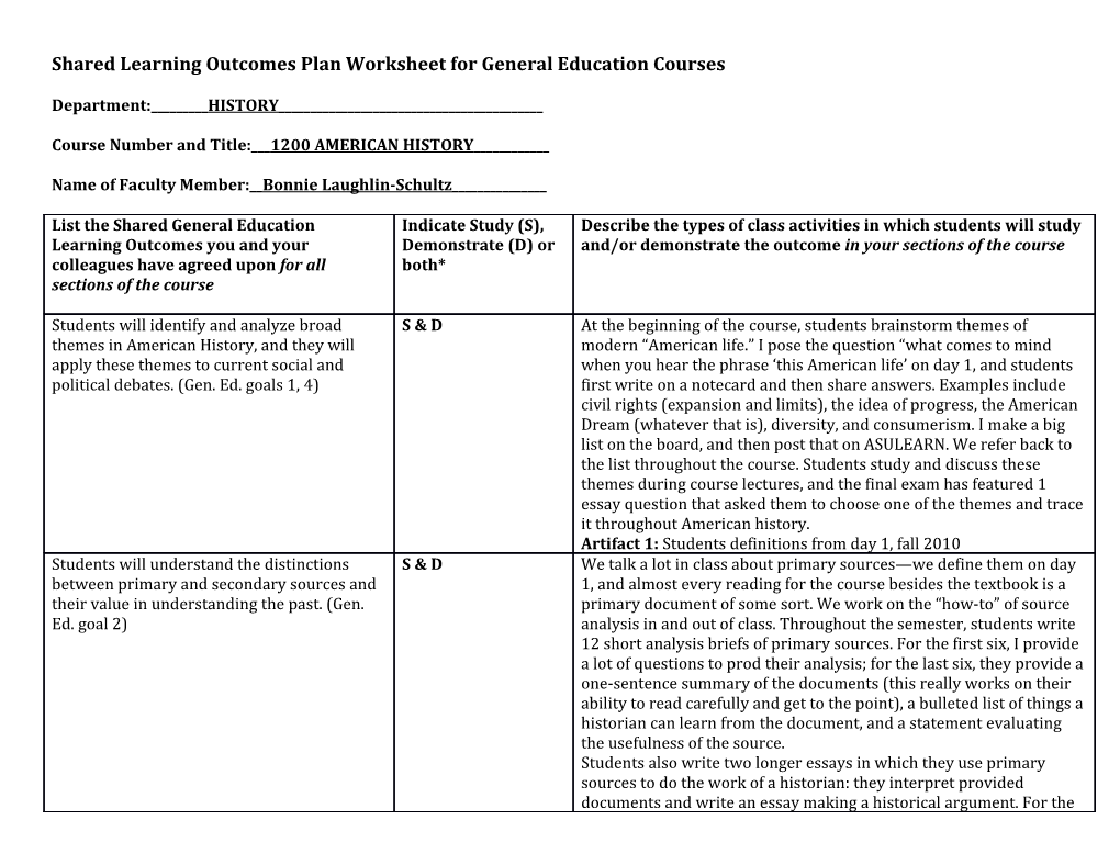 Shared Learning Outcomes Plan Worksheet for General Education Courses