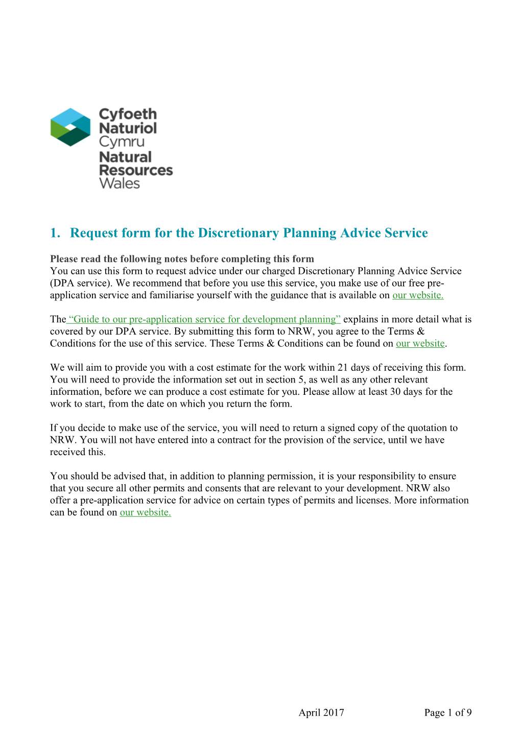 Request Form for the Discretionary Planning Advice Service