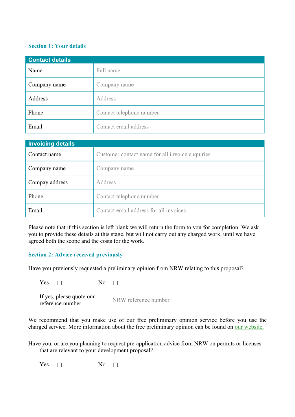 Request Form for the Discretionary Planning Advice Service