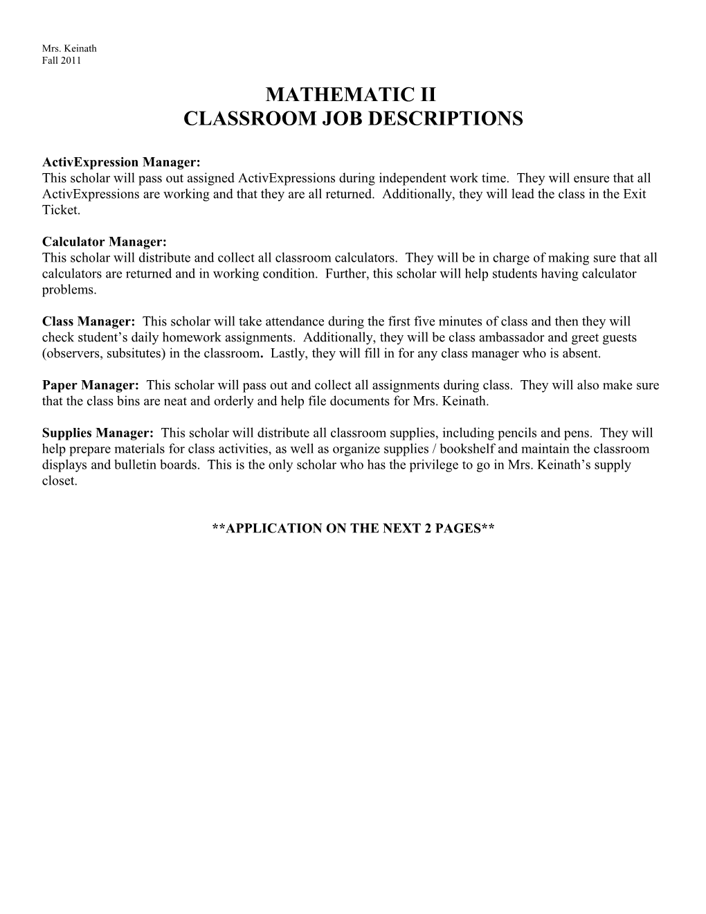 Classroom Job Descriptions