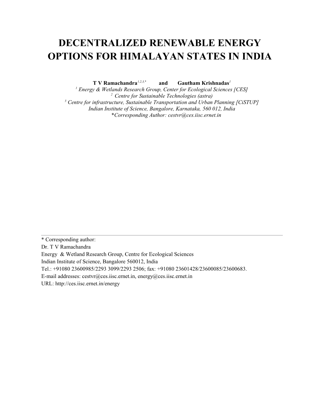 Decentralized Renewable Energy Options for Himalayan States in India