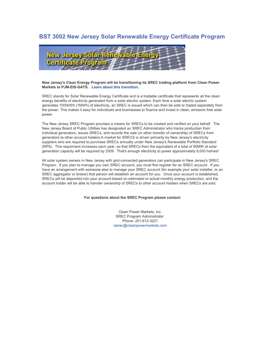 BST 3002 New Jersey Solar Renewable Energy Certificate Program