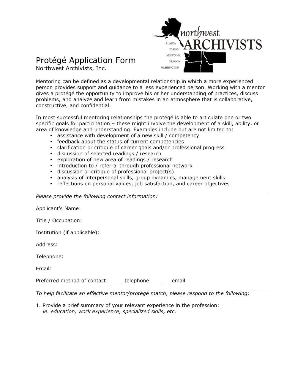 Protégé Applicationform Northwest Archivists, Inc