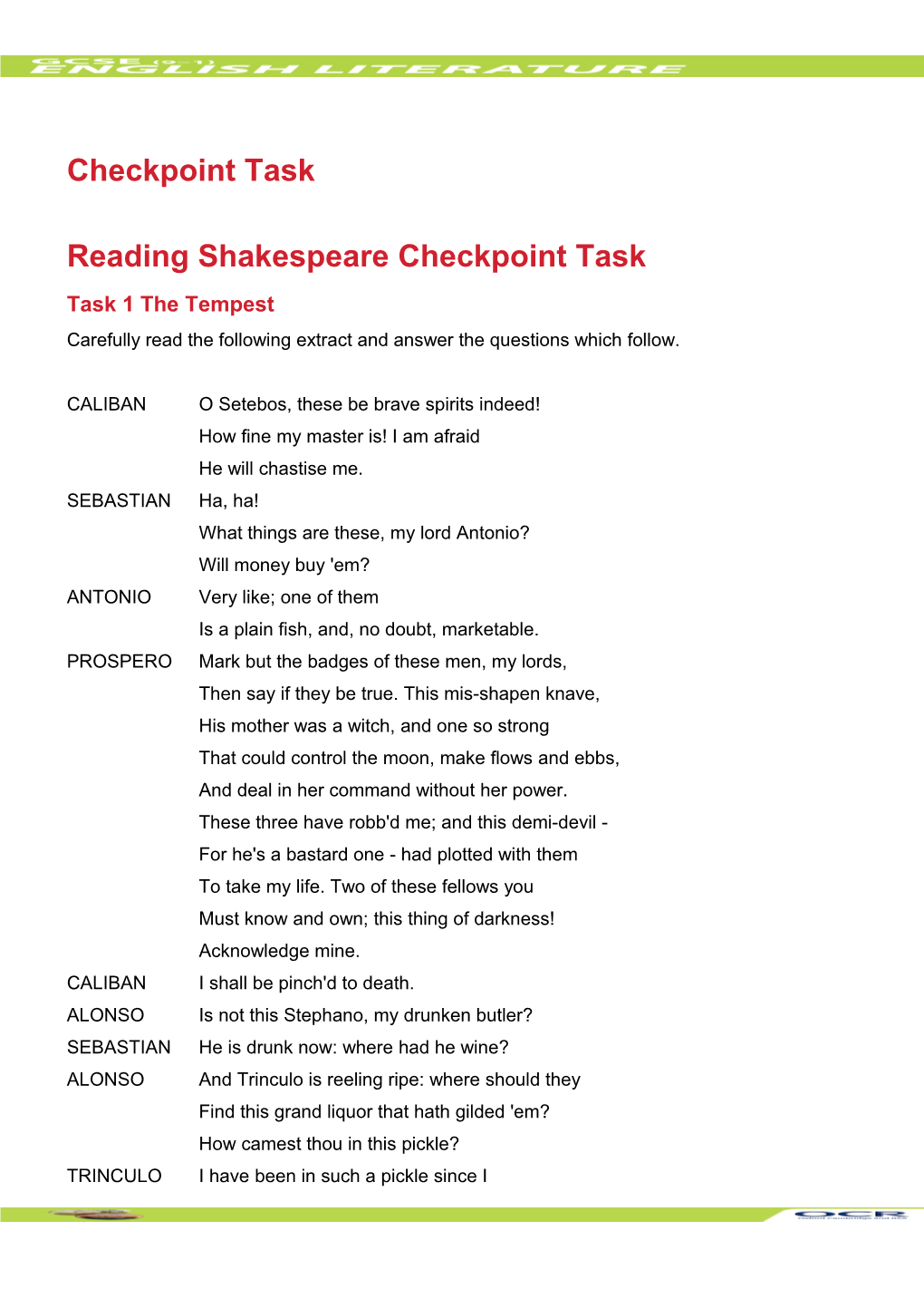 GCSE (9-1) English Literature Checkpoint Task Learner Activity (Reading Shakespeare)